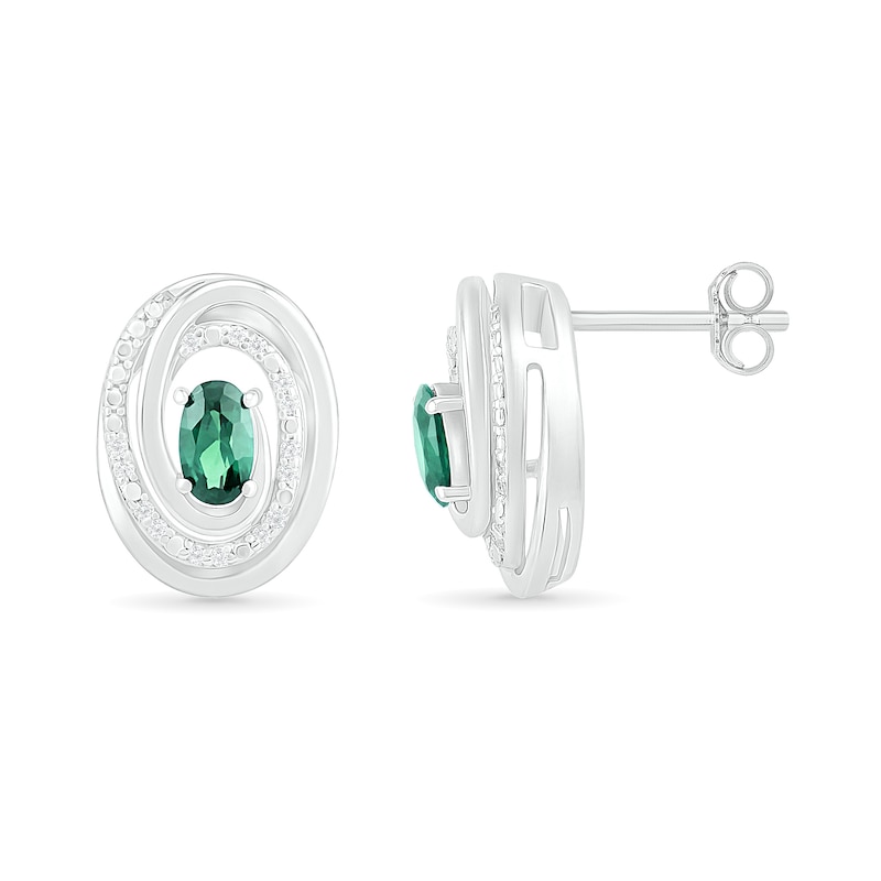 Oval Lab-Created Emerald and 0.066 CT. T.W. Diamond Beaded Open Swirl Frame Stud Earrings in Sterling Silver|Peoples Jewellers