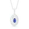 Thumbnail Image 0 of Oval Blue Lab-Created Sapphire and 0.065 CT. T.W. Diamond Beaded Open Swirl Frame Drop Pendant in Sterling Silver