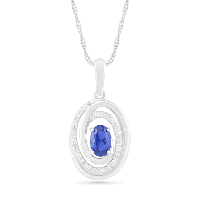 Oval Lab-Created Sapphire and 0.065 CT. T.W. Diamond Beaded Open Swirl Frame Drop Pendant in Sterling Silver|Peoples Jewellers