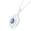 Oval Lab-Created Sapphire and 0.065 CT. T.W. Diamond Beaded Open Swirl Frame Drop Pendant in Sterling Silver