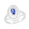 Thumbnail Image 0 of Oval Blue Lab-Created Sapphire and 0.065 CT. T.W. Diamond Swirl Frame Triple Row Split Shank Ring in Sterling Silver