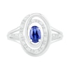 Oval Lab-Created Sapphire and 0.065 CT. T.W. Diamond Swirl Frame Triple Row Split Shank Ring in Sterling Silver