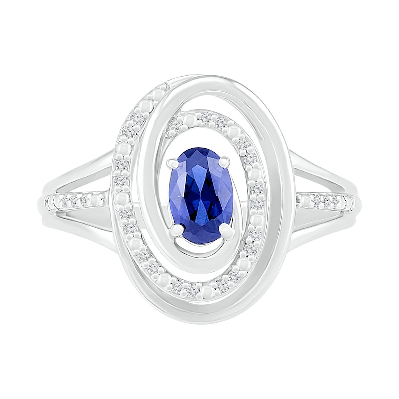 Oval Lab-Created Sapphire and 0.065 CT. T.W. Diamond Swirl Frame Triple Row Split Shank Ring in Sterling Silver|Peoples Jewellers