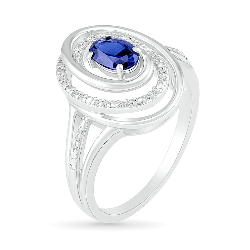 Oval Lab-Created Sapphire and 0.065 CT. T.W. Diamond Swirl Frame Triple Row Split Shank Ring in Sterling Silver|Peoples Jewellers