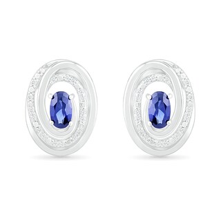 Oval Lab-Created Sapphire and 0.066 CT. T.W. Diamond Beaded Open Swirl Frame Stud Earrings in Sterling Silver