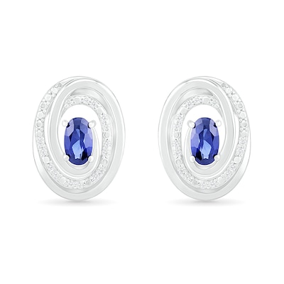 Oval Lab-Created Sapphire and 0.066 CT. T.W. Diamond Beaded Open Swirl Frame Stud Earrings in Sterling Silver