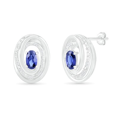 Oval Lab-Created Sapphire and 0.066 CT. T.W. Diamond Beaded Open Swirl Frame Stud Earrings in Sterling Silver