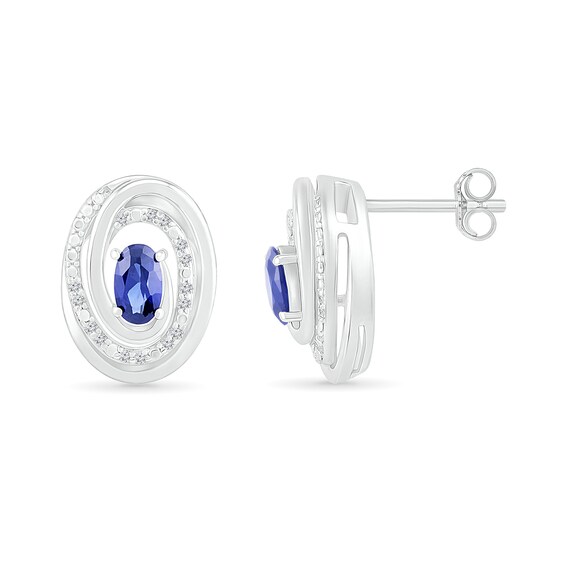 Oval Lab-Created Sapphire and 0.066 CT. T.W. Diamond Beaded Open Swirl Frame Stud Earrings in Sterling Silver