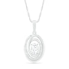 Thumbnail Image 1 of Oval White Lab-Created Sapphire and 0.065 CT. T.W. Diamond Beaded Open Swirl Frame Drop Pendant in Sterling Silver