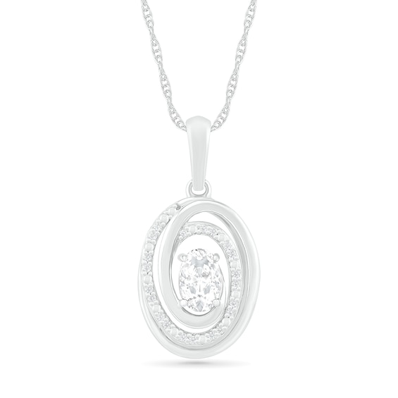 Oval White Lab-Created Sapphire and 0.065 CT. T.W. Diamond Beaded Open Swirl Frame Drop Pendant in Sterling Silver