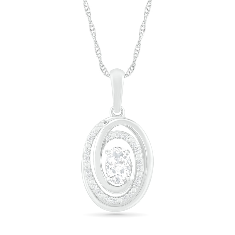 Main Image 1 of Oval White Lab-Created Sapphire and 0.065 CT. T.W. Diamond Beaded Open Swirl Frame Drop Pendant in Sterling Silver