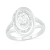 Oval White Lab-Created Sapphire and 0.065 CT. T.W. Diamond Swirl Frame Triple Row Split Shank Ring in Sterling Silver