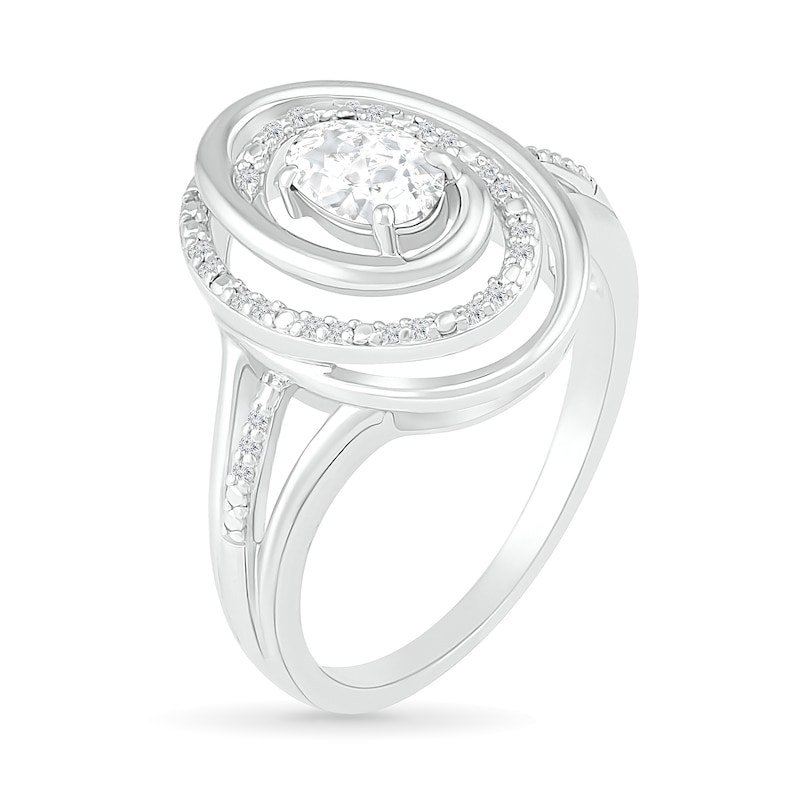 Oval White Lab-Created Sapphire and 0.065 CT. T.W. Diamond Swirl Frame Triple Row Split Shank Ring in Sterling Silver