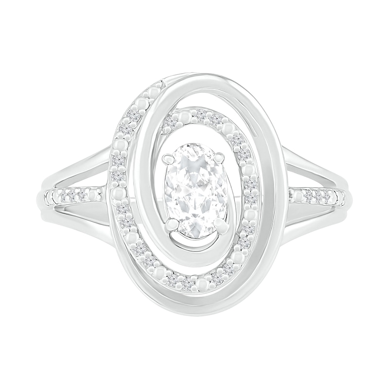 Oval White Lab-Created Sapphire and 0.065 CT. T.W. Diamond Swirl Frame Triple Row Split Shank Ring in Sterling Silver