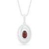 Thumbnail Image 0 of Oval Garnet and 0.065 CT. T.W. Diamond Beaded Open Swirl Frame Drop Pendant in Sterling Silver