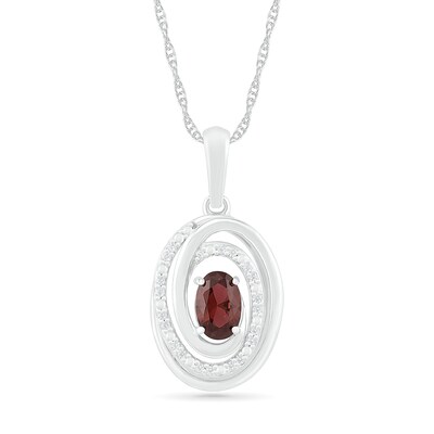 Oval Garnet and 0.065 CT. T.W. Diamond Beaded Open Swirl Frame Drop Pendant in Sterling Silver