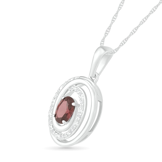 Oval Garnet and 0.065 CT. T.W. Diamond Beaded Open Swirl Frame Drop Pendant in Sterling Silver