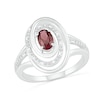 Oval Garnet and 0.065 CT. T.W. Diamond Beaded Open Swirl Frame Triple Row Split Shank Ring in Sterling Silver