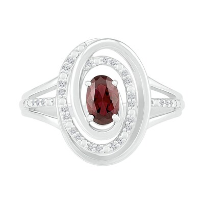 Oval Garnet and 0.065 CT. T.W. Diamond Beaded Open Swirl Frame Triple Row Split Shank Ring in Sterling Silver