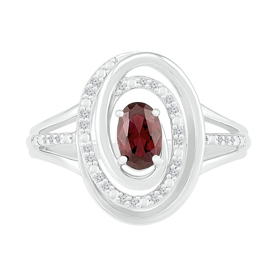 Oval Garnet and 0.065 CT. T.W. Diamond Beaded Open Swirl Frame Triple Row Split Shank Ring in Sterling Silver