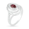 Oval Garnet and 0.065 CT. T.W. Diamond Beaded Open Swirl Frame Triple Row Split Shank Ring in Sterling Silver