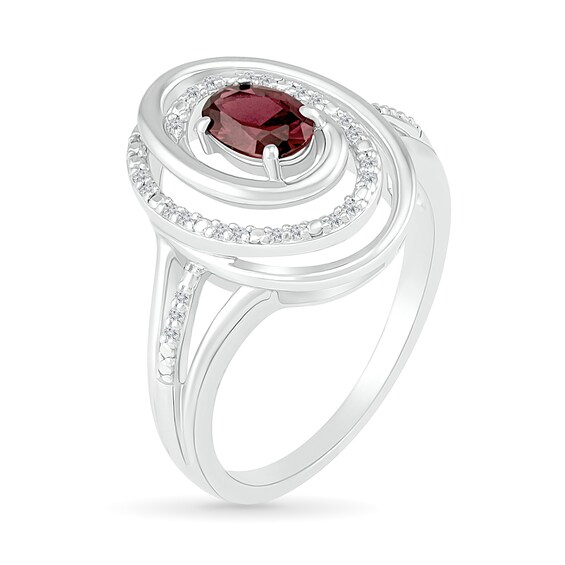 Oval Garnet and 0.065 CT. T.W. Diamond Beaded Open Swirl Frame Triple Row Split Shank Ring in Sterling Silver