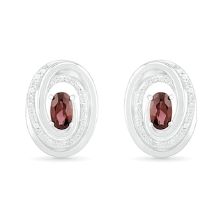 Oval Garnet and 0.066 CT. T.W. Diamond Beaded Open Swirl Frame Stud Earrings in Sterling Silver