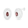 Oval Garnet and 0.066 CT. T.W. Diamond Beaded Open Swirl Frame Stud Earrings in Sterling Silver