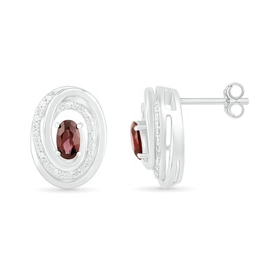 Oval Garnet and 0.066 CT. T.W. Diamond Beaded Open Swirl Frame Stud Earrings in Sterling Silver