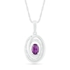 Thumbnail Image 0 of Oval Amethyst and 0.065 CT. T.W. Diamond Beaded Open Swirl Frame Drop Pendant in Sterling Silver