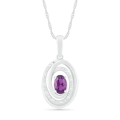 Oval Amethyst and 0.065 CT. T.W. Diamond Beaded Open Swirl Frame Drop Pendant in Sterling Silver