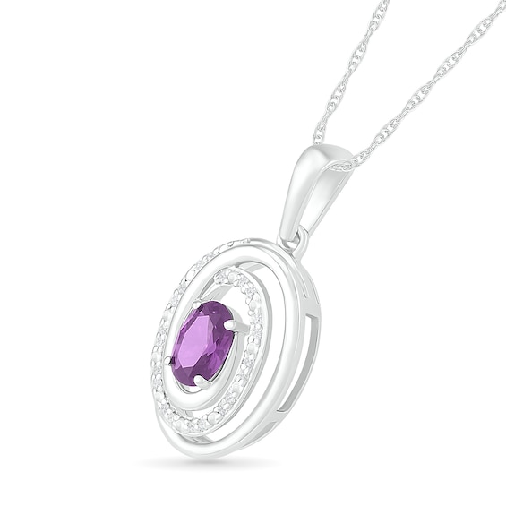 Oval Amethyst and 0.065 CT. T.W. Diamond Beaded Open Swirl Frame Drop Pendant in Sterling Silver