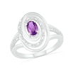 Thumbnail Image 0 of Oval Amethyst and 0.065 CT. T.W. Diamond Beaded Open Swirl Frame Triple Row Split Shank Ring in Sterling Silver