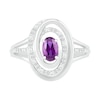 Thumbnail Image 1 of Oval Amethyst and 0.065 CT. T.W. Diamond Beaded Open Swirl Frame Triple Row Split Shank Ring in Sterling Silver