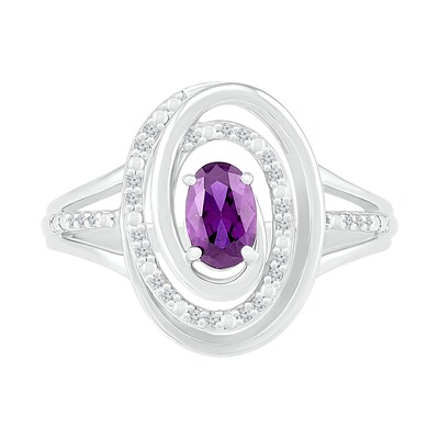 Oval Amethyst and 0.065 CT. T.W. Diamond Beaded Open Swirl Frame Triple Row Split Shank Ring in Sterling Silver