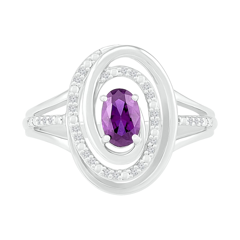 Oval Amethyst and 0.065 CT. T.W. Diamond Beaded Open Swirl Frame Triple Row Split Shank Ring in Sterling Silver