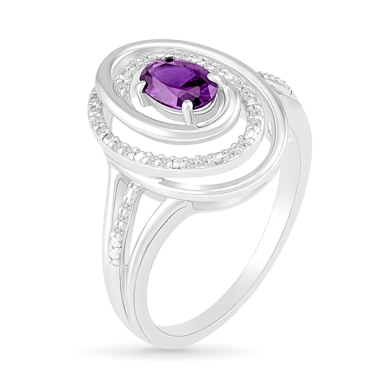 Oval Amethyst and 0.065 CT. T.W. Diamond Beaded Open Swirl Frame Triple Row Split Shank Ring in Sterling Silver