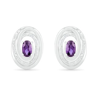 Oval Amethyst and 0.066 CT. T.W. Diamond Beaded Open Swirl Frame Stud Earrings in Sterling Silver