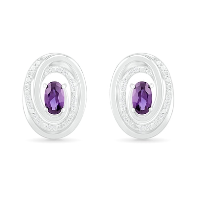 Oval Amethyst and 0.066 CT. T.W. Diamond Beaded Open Swirl Frame Stud Earrings in Sterling Silver