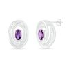 Thumbnail Image 1 of Oval Amethyst and 0.066 CT. T.W. Diamond Beaded Open Swirl Frame Stud Earrings in Sterling Silver