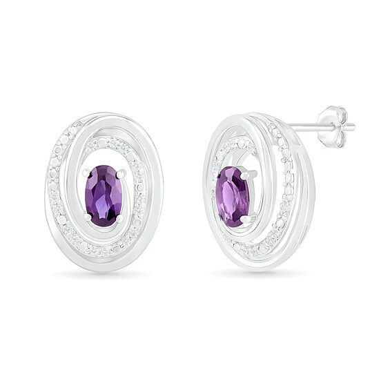 Oval Amethyst and 0.066 CT. T.W. Diamond Beaded Open Swirl Frame Stud Earrings in Sterling Silver