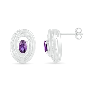 Oval Amethyst and 0.066 CT. T.W. Diamond Beaded Open Swirl Frame Stud Earrings in Sterling Silver