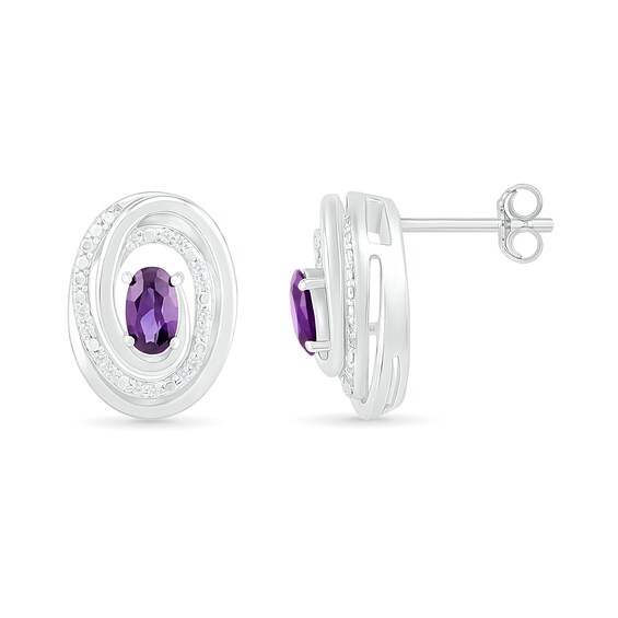 Oval Amethyst and 0.066 CT. T.W. Diamond Beaded Open Swirl Frame Stud Earrings in Sterling Silver