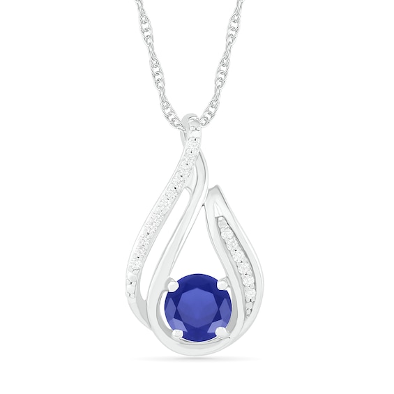 6.0mm Lab-Created Sapphire and 0.066 CT. T.W. Diamond Beaded Open Flame Pendant in Sterling Silver