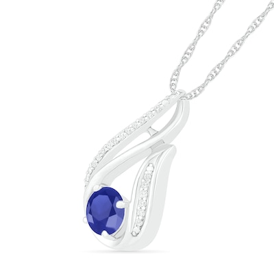 6.0mm Lab-Created Sapphire and 0.066 CT. T.W. Diamond Beaded Open Flame Pendant in Sterling Silver