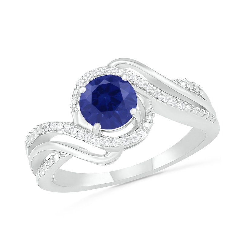 6.0mm Lab-Created Sapphire and 0.065 CT. T.W. Diamond Beaded Triple Row Bypass Twist Shank Ring in Sterling Silver|Peoples Jewellers