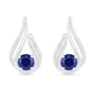 5.0mm Lab-Created Sapphire and 0.065 CT. T.W. Diamond Beaded Open Flame Stud Earrings in Sterling Silver