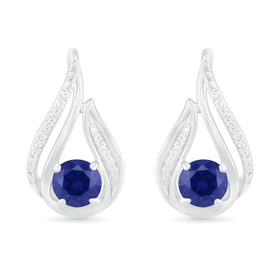 5.0mm Lab-Created Sapphire and 0.065 CT. T.W. Diamond Beaded Open Flame Stud Earrings in Sterling Silver