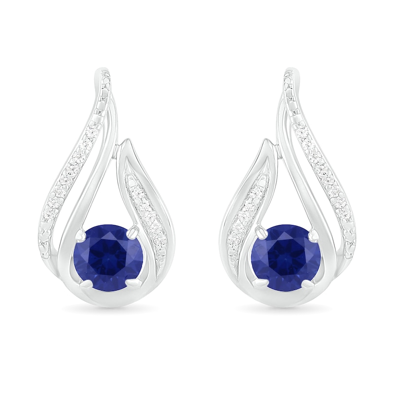 5.0mm Lab-Created Sapphire and 0.065 CT. T.W. Diamond Beaded Open Flame Stud Earrings in Sterling Silver|Peoples Jewellers