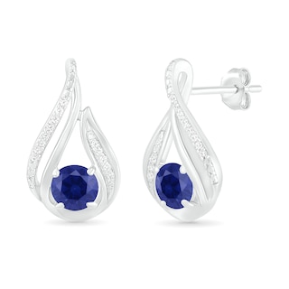 5.0mm Lab-Created Sapphire and 0.065 CT. T.W. Diamond Beaded Open Flame Stud Earrings in Sterling Silver